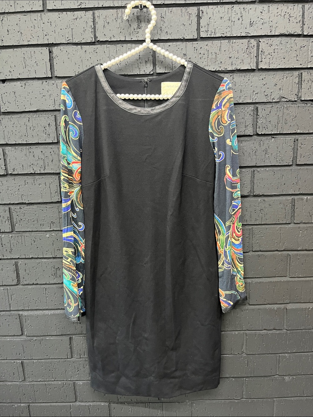 Women's Black Dress with Multicolor Printed Sleeves